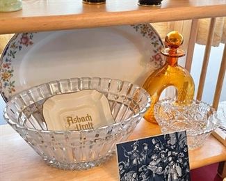 China Platter, Crystal Centerpiece Bowl, Vintage Amber Glass Bottle, Etc.