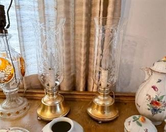 Pair of Etched Glass Hurricane Table Lamps