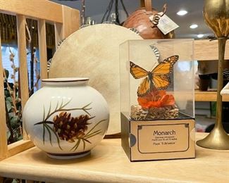 Pinecone Vase, Tambourine, Preserved Monarch Butterfly