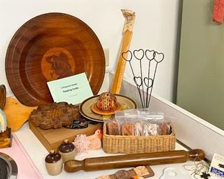 Wooden Kitchen Items, Miniature Stoneware Jugs, Rolling Pin, Etc.