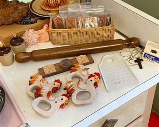 Wooden Kitchen Items, Miniature Stoneware Jugs, Rolling Pin, Napkin Rings, Etc.