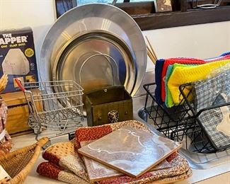Platters, Miniature Shopping Cart, Table Linens, Kitchen Towels, Trivets, Etc.