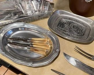 Pewter Dishes, Vintage Bone-Handled Cutlery