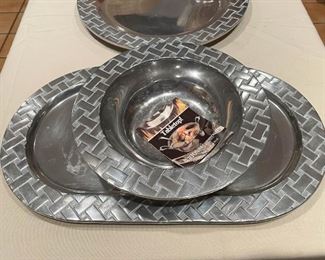 Metal Serving Platters & Bowl (Basketweave Pattern)