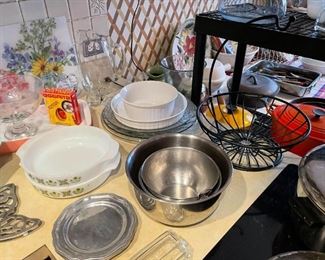 Baking Dishes, Wire Bowl / Banana Holder, Mixing Bowls, Glass Platters, Etc.