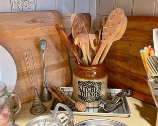 Wooden Spoons, Stoneware Utensil Holder, Cutting Boards, Utensils