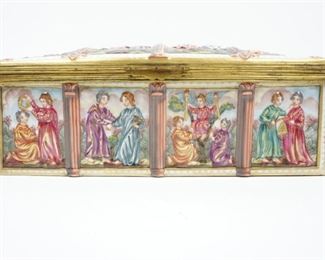 ANTIQUE 19TH C PORCELAIN CAPODIMONTE GILD JEWELRY DRESSER BOX CASKET $325 plus shippingDETAILS:
Antique (1830 - 1890)
Porcelain Capodimonte 
Jewelry Box / Vanity Dresser Casket 
Hinged
Hand Painted 
Deep High-relief Depicting Artemis and Alike (the Goddess of wild animal and forest)
Gold Gilding Accent Hinge and Clasp
Measurement: 9.5" L x 5.5" W x 3.5" H