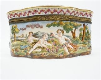 ANTIQUE 19TH C PORCELAIN CAPODIMONTE 9" JEWELRY VANITY DRESSER BOX CASKET CHERUB $455 plus shipping                                                           
DETAILS:
Antique (1771 - 1834)
Porcelain Capodimonte 
Jewelry Box / Vanity Dresser Casket 
Hinged
Hand Painted 
Deep High-relief Cavorting Putties Frolicking in Winery Theme Decorated the Box Throughout
Gold Gilding Accent Ormolu Style Mounted Hinge and Clasp
Decorated Lining
Cross Shaped
Measurement: 9" L x 6" W x 4" H
 
Condition:  Very good vintage condition. 