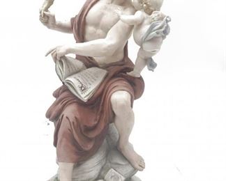 CAPODIMONTE GIUSEPPE CAPPE MAN PUTTI CHERUB FIGURINE POESIA $475 plus shipping
 
Rare old vintage, fine porcelain sculpture, signed by artist Giuseppe Cappe, Works of Art. It is titled  "Poesia". A handsome man, marker in hand, with a cupid holding on to his shoulder.  The figurine measures approximately 9 1/8" in height.

 
This wonderful Italian porcelain Giuseppe Cappé figural depicts a man writing in a book with a cherub whispering in his ear, and it has been modeled with spectacular detail such as... the adorable face on the cherub, her tiny fingers and toes, chubby legs and thighs, bare bottom peeking out from the back, her perfect little wings and the way her pink sash is blowing out behind her... the man is outstanding with a handsome face, muscular body, fine realistic detail in his hands and feet and so beautiful the way his robe drapes around him... note how his fingers hold his place in the pages of the book, and there are open books on the ground near his feet... very fine