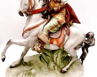 VINTAGE 1960'S GIUSEPPE CAPPE CALLE MAN MUSKETEER ON HORSEBACK SIGNED PORCELAIN $600 plus shipping
 
DETAILS:
Vintage
Giuseppe Cappe
Moschettiere a Cavallo/Musketeer on Horseback
Circa 1960's
approx 17" high x 16" long
 
Condition:  Very good condition.  No obvious chips or repairs.  