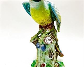 STUNNING HUGE DRESDEN/MEISSEN PORCELAIN RING NECKED PARROT FIGURINE c 1880 $435 plus shipping
 
DETAILS:
 17" tall x approx 11"
 
Condition:  Very good display condition.  Tip of a wing is missing.  There are a few nibbles at the base of his tail along with one or two color spots but there is no serious damage to this beautiful parrot figurine.  