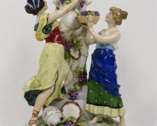 KARL ENS VOLKSTEDT H ROCK SIGNED 2 WOMEN GRAPE PICKERS W/ WINE GOD DIONYSUS KVE MARK  $725 plus shipping
 
 
DETAILS:
Antique 
Late 1800's - early 1900's (blue KVE mark)
Signed by Karl En's "in-house" Designer/Sculptor H. Rock
Porcelain Figurine 
Depicting Two Female Grape Pickers Worshiping Wine God/Dionysus 
13H x 9W x 6D
 
Condition:  Very good vintage condition.  
