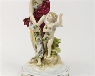 ANTIQUE c1900 VOLKSTEDT KARL ENS PORCELAIN FIGURINE "CAPTURED BY LOVE"      $395 plus shipping
 
 
DETAILS:
Karl Ens ("KVE" between 1900 and 1920)
c1900
Young lady wearing floral dress and maroon sash led by putti
Her hands tied with floral garland
26cm x 13cm
 
Condition:  Very good vintage condition. 