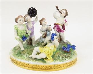 ANTIQUE 18TH C CAPODIMONTE 5 CHERUBS PLAYING MUSIC EATING GRAPES IN WINE GARDEN  $435 plus shipping
 
 
DETAILS:
Antique (1771 - 1781)
Porcelain Capodimonte 
Hand Painted 
Five Cherubs Playing Music in Wine Garden
Approximate 10L x 7h x 8w
 
Condition:  Very good.  Possible chip on grapes 