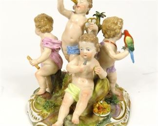 ANTIQUE MEISSEN PORCELAIN FIGURINE GROUP 1880 CHERUBS CHILDREN FIVE SENSES $2190 plus shipping
 
DETAILS:
Meissen
Porcelain
Figural Group
Cherubs / Children
Circa 1880
Measurements: ~5.5"W x 5"D x 5.5"H
 
Condition: Very good antique condition. May require light cleaning. One of the flower petals is chipped