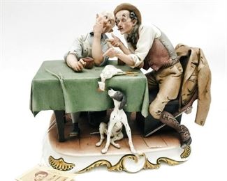 VINTAGE GIUSEPPE CAPPE PORCELAIN "HUNTING TALES" TWO MEN AT A TABLE w CHICKEN & DOG  $369 plus shipping
 
 
DETAILS:
1958
Hand painted
#99007
8" tall x 9" wide
Cappe hallmark on back and dated on bottom with fish hallmark
signed G. Cappe works of art Italy
 
MANUFACTURE: Giuseppe Cappe (Italy)
SCULPTOR: Giuseppe Cappe
NAME: Hunting Tales
NUMBER: 99007
YEAR: 1958
CONDITION: One finger was restored. NO BOX.
HEIGHT: 8 1/2 inch / 21 cm
WIDTH: 9 1/2 inch / 24 cm
DEEP: 7 1/2 inch / 19 cm
CATEGORY: porcelain ceramic statue figure figurine sculpture antique vintage
 
Condition:  Very good condition with no cracks.  One small chip on his pants.  