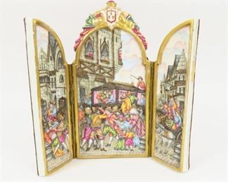 CAPODIMONTE ITALIAN PORCELAIN TRIPTYCH 18th CENTURY SCENE GOLD SILVER HAND PAINT  $325 plus shipping
 
 
DETAILS:
Antique (circa 1782 -1837)
Approx 10 x 10 x 1
Scene of Royal Coach and armed Guards confronting rioters
No chips, cracks or repairs
Antique Capodimonte Triptych
 
Condition:  Very good.  