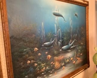 Charles Redmond Berolt (c. 1950’s/60’s) seascape and dolphin original oil painting. Very large!
