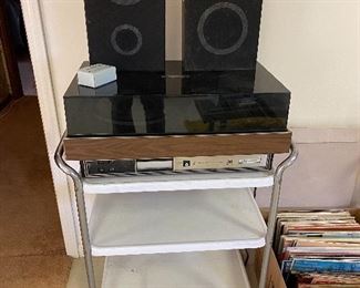 Modular Compact stereo system with turntable; pair of Senzaki speakers; vintage wheeled cart.