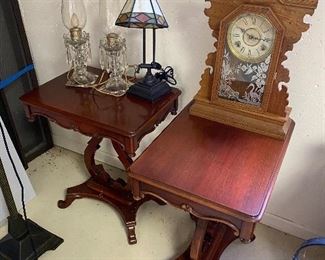 Pair of antique mahogany accent tables; clock by Wm. L. Gilbert Clock Co.; nice selection of vintage/antique lighting throughout the house.