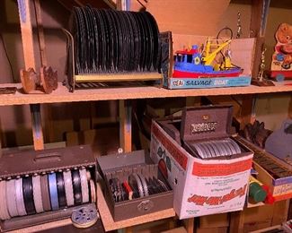Vintage records, reel-to-reel tapes, and toys.