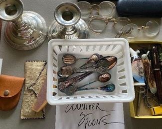 Sterling candlesticks by W.M. Rogers; vintage souvenir spoons; vintage fountain pens, jackknife, more.