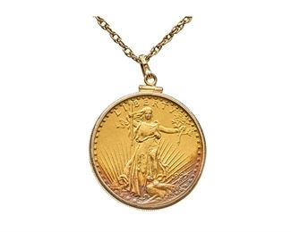 1927 St Gaudens Double Eagle Gold Coin 14K Necklace