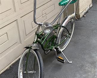 Schwinn #2. Vintage Stingray in Green with Banana Seat, Front Headlight, Chrome Fenders and Kick Stand.