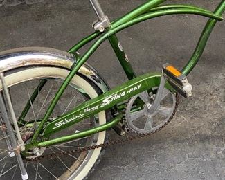 Schwinn #2. Vintage Stingray in Green with Banana Seat, Front Headlight, Chrome Fenders and Kick Stand.