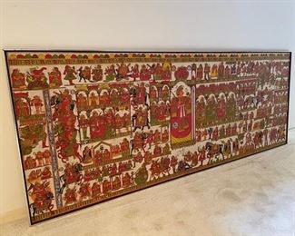 $200                                                                                               
HAND PAINTED 9' FRAMED CANVAS MURAL FROM INDIA
OFFERS CONSIDERED
Earth toned, hand painted silver framed mural that is impressive not only in size but in detail.  There is a lovely whimsey to these piece that draws the eye.
DETAILS + DIMENSIONS:
108"L X 42"H X 1.5"D
CONDITION:This is a vintage piece and has the expected areas of wear to be expected with age.  It is in overall good condition for a vintage piece.  Please refer to photo's for a more detailed look at condition.  We make every attempt to list and photograph any defects or signs of wear that are significant to this sale. 
LOCAL PICK UP BOYDS, MD. THIS IS A LARGE PIECE AND WILL NEED THE APPROPRIATE MANPOWER AND VEHICLE TO PICK UP.  BUYER IS RESPONSIBLE FOR ANY NECESSARY DISASSEMBLY AND ALL COSTS ASSOCIATED WITH SHIPPING OR PICK UP.