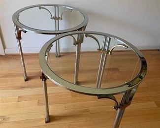 $500                                                                                                        2 VINTAGE MID CENTURY BRASS & CHROME FRENCH MAISON JANSEN STYLE SIDE TABLES
**OFFERS CONSIDERED
Vintage mid-century French/Maison Jansen style side tables feature a heavy, solidly built chrome plated steel frame with solid brass details & feet and a tempered glass top.  These tables are in fantastic condition, especially for their age. Some minor superficial scuffs/wear. Brass ring/caps around chrome legs show some patina/wear, but they are very small and not all that visible. Chrome, brass and glass are all in very good condition.
DETAILS + DIMENSIONS:
22"W X22"D X 22"H
CONDITION: These pieces have been cherished and very well cared for.  Please refer to photo's for a more detailed look at condition.  We make every attempt to list and photograph any defects or signs of wear that are significant to this sale. 
LOCAL PICK UP BOYDS, MD. (PIECE IS ON THE FIRST