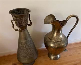 $50                                                                                                                  VINTAGE 2 PIECE BRASS INDIAN CEREMONIAL PITCHER & URN
**OFFERS CONSIDERED
2 piece Antique Brass Vase Lid Urn Pitcher Set Ceremony Ritual India believed to be Vintage early 1900'S
DETAILS + DIMENSIONS:
12" WX 12"D X 28"H
CONDITION: These pieces are in good vintage condition.  Nice patina and signs of age to be expected with a piece of this age.  Please refer to photo's for a more detailed look at condition.  We make every attempt to list and photograph any defects or signs of wear that are significant to this sale. 
LOCAL PICK UP BOYDS, MD.  BUYER IS RESPONSIBLE FOR ANY NECESSARY DISASSEMBLY AND ALL COSTS ASSOCIATED WITH SHIPPING OR PICK UP.                