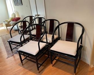 $750                                                                                                          6 HENREDON "SCENE THREE" ARM CHAIRS BLACK LACQUER / ROSEWOOD Circa 1980's - 
OFFERS CONSIDERED
Henredon’s Scene III Collection, circa 1980s.  This unique set of six dining chairs area black lacquer with burl walnut back accents, caned seat panels and brass ferrules. These were a modernist interpretation of the Classic Ming chair designed for the Asian Revival decor trend that had a brief moment during that decade. Removable cushions allow some versatility in use.
THIS IS 1 PART OF A 4-PIECE BERNHARDT "SCENE THREE" DINING COLLECTION THAT WE ARE SELLING. PLEASE CONTACT US FOR INFORMATION ON THE OTHER AVAILABLE PIECES.
DETAILS + DIMENSIONS:
24" wide, 24" deep, 36" high,
17.5" Seat Height
CONDITION: These chairs have been treasured and are in very good condition. Please refer to photo's for a more detailed look at condition.  We make every attempt to list and photo