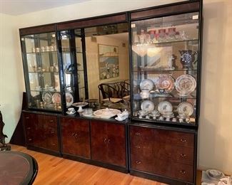 $750                                                                                                HENREDON SCENE THREE COLLECTION 6 PIECE BLACK LACQUER AND BURL WOOD CABINETS
OFFERS CONSIDERED
Gorgeous set of black lacquer and burl wood curio cabinets made by Henredon from their Scene Three Collection. Each cabinet is 2 pieces. The top section has 2 doors that open and close as they should with 3 adjustable thick glass shelves behind. Each shelf has a groove at the back for displaying plates. The center bottom section has 4 doors that expose a black lacquer interior cabinet for storage.  The middle section is flanked by 2 cabinets that each have 3 dovetailed drawers that slide as they should. In excellent used vintage condition with only a few minor surface scratches/rub marks.  Gorgeous pieces of furniture with the quality you expect from Henredon. 
THIS PIECE IS PART OF A 4 PIECE DINING SET.  WE ARE SELLING THE COMPANION PIECES SEPARATELY, PLEASE CONT