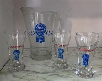 Pabst Blue Ribbon Beer Pitcher & 3 Glasses,
