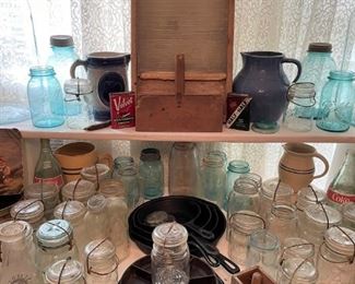 WAGNER CAST IRON COOK WARE, WASH BOARDS, CANNING JARS AND BLUE AND WHTIE STONEWARE