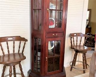 HALF OCTAGON CURIO CABINET AND 2 OF THE 5 BAR STOOLS