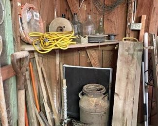 WIRE, CORDS, MILK CAN AND VINTAGE WOOD BOX
