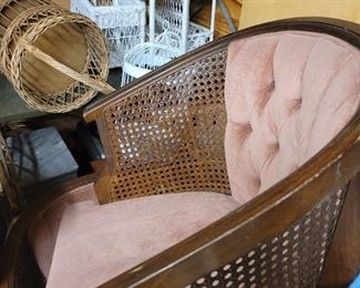 Vintage pair of barrel chairs, wicker accessories and more