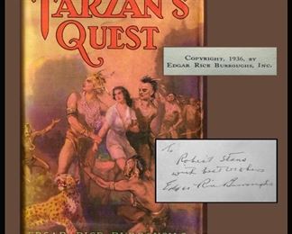 “Tarzan’s Quest,” signed by Edgar Rice Burroughs, 1936 First Edition. With dust jacket.