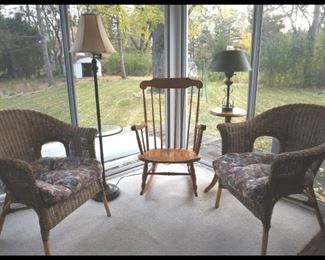 Wicker Furniture, lamps and rocking chair.