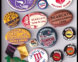 Sports pinbacks including Chaska, Twins, Vikings, Mattel Hot Wheel Badges, Hoffman, Minnesota, Rodeo and more.