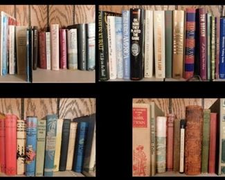 Books: including Sports, Nature, Political, Novels, Transportation. Several Mark Twain and a Bibelen (Bible.)