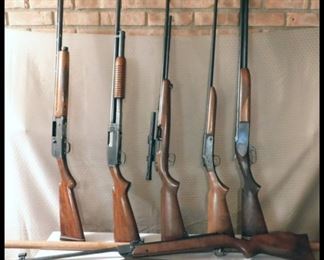 Hunting Shotguns and Rifles. Table Front: Old Model Small Frame H&R 410 Ga Single Shot. Table Rear: Diana Model 34Pellet Rifle. Standing Left to Right: 1: Belgium Browning Auto-5 12 Ga. 2: Winchester Model 12 12 Ga Pump 3:Remington Model 550-1 22 Cal Rifle 4: H& RModel 58 410 Ga 5: Marlin Model 90 Double Trigger 20 Ga Over Under.