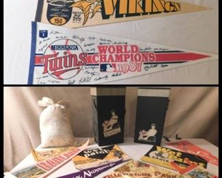Banners including Travel, Vikings and Twins. Plus two Young-Quinlan Co. Boxes.