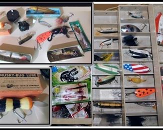 Tackle Box with fishing items including Len's Musky Bug Lure with original box.