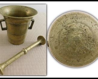 Antique 19th Century Swedish Brass Mortar and Pestal. N.P. Lunderberg. Sundsvall.