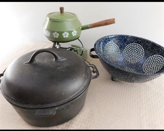 Cast Iron Kettle, Fondue and Collander.