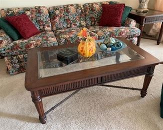 floral sofa, cherry coffee and end tables