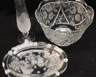 FROSTED GLASS BOWL, VASE, PLATTERS